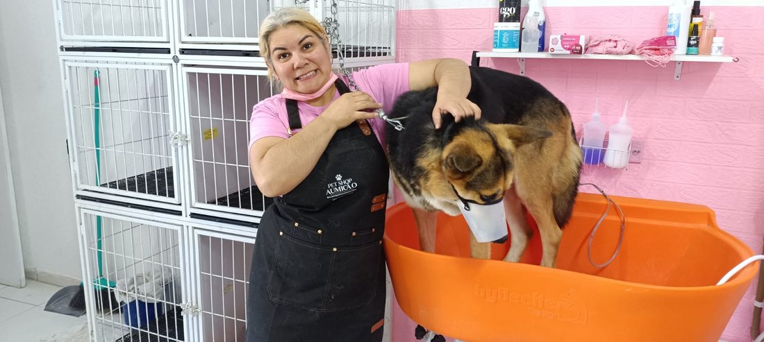 Equipe Aumicão dando banho no cachorro